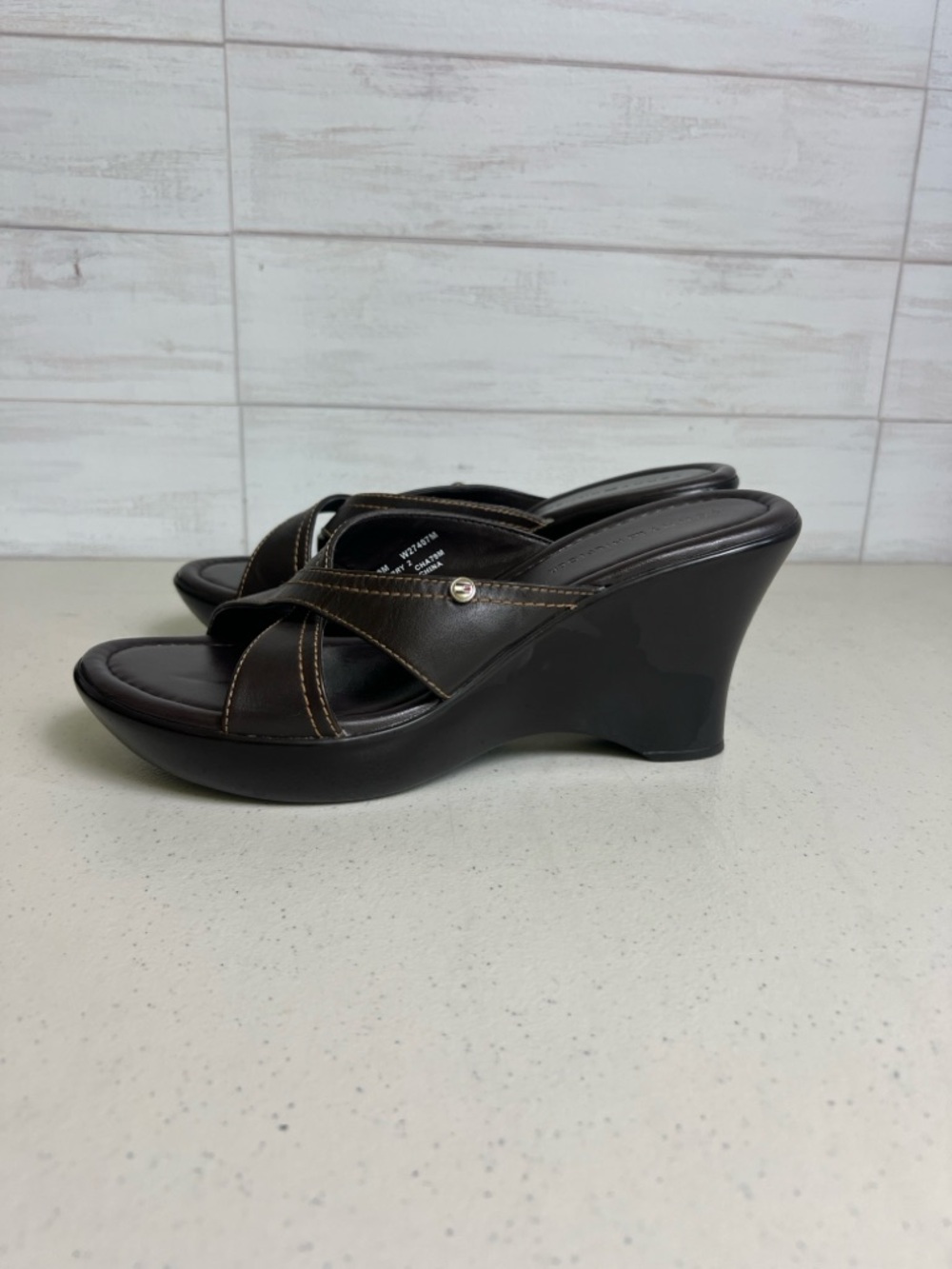 Tommy Hilfiger Kerry 2 Leather Criss-cross Slide Sandals Wedge Heel Vintage - Picture 4 of 9